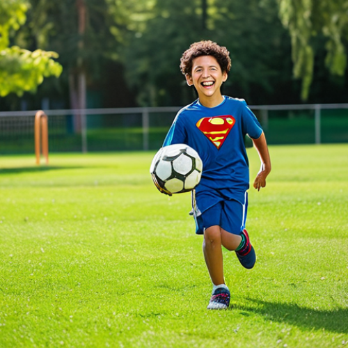 Home 4 A joyful child, approximately 8 years old, fully clothed in comfortable, modest play attire, runs enthusiastically in a vibrant, sunny park. The child is holding a brightly colored soccer ball with a subtle, professional, and family-friendly superhero-inspired design. The background features green grass, trees, and distant playground equipment. The image captures the child in a natural, dynamic pose, mid-stride, with a happy expression. This is a safe for work, appropriate content image, depicting perfect anatomy, correct proportions, well-formed hands, and natural body proportions. Professional outdoor photography, high-quality, bright lighting.