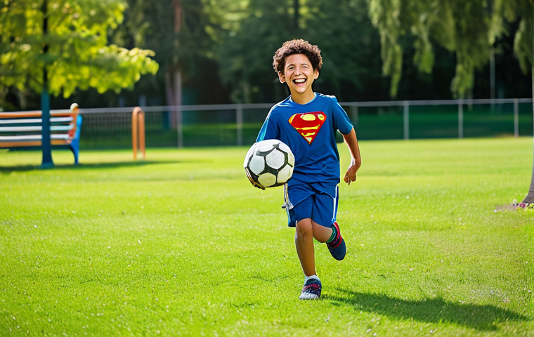 A joyful child, approximately 8 years old, fully clothed in comfortable, modest play attire, runs enthusiastically in a vibrant, sunny park. The child is holding a brightly colored soccer ball with a subtle, professional, and family-friendly superhero-inspired design. The background features green grass, trees, and distant playground equipment. The image captures the child in a natural, dynamic pose, mid-stride, with a happy expression. This is a safe for work, appropriate content image, depicting perfect anatomy, correct proportions, well-formed hands, and natural body proportions. Professional outdoor photography, high-quality, bright lighting.